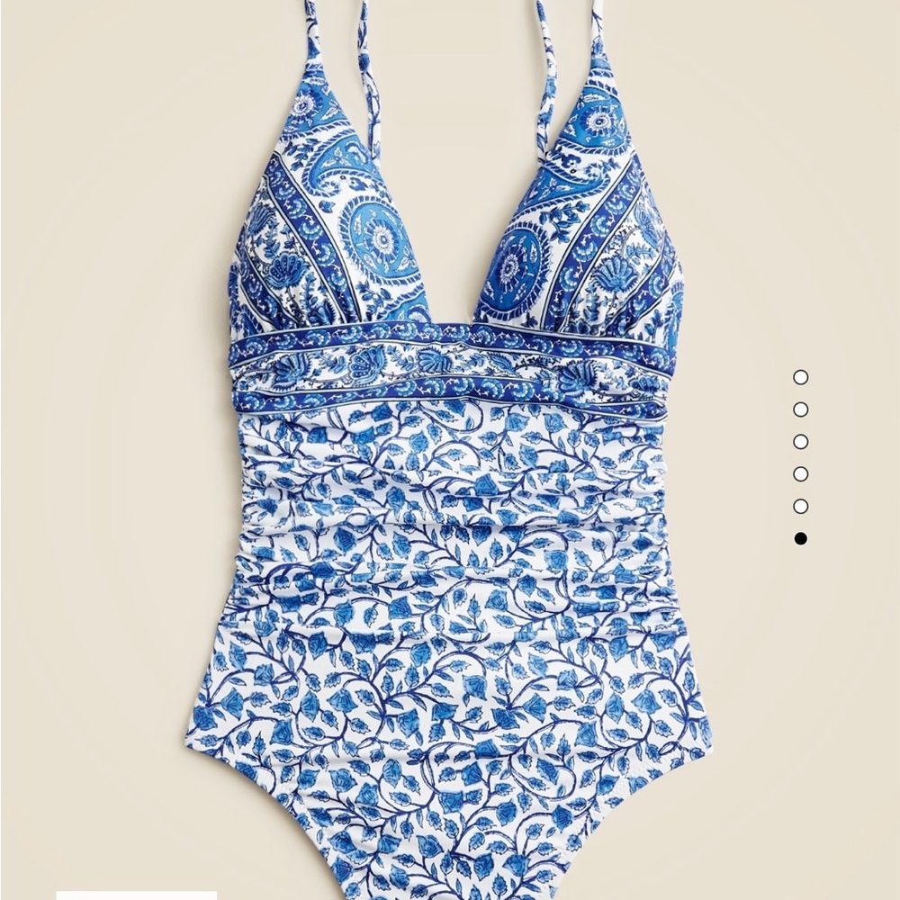 J. Crew Blue and White One Piece Swimsuit with Geometric Floral Design - Picture 3 of 5